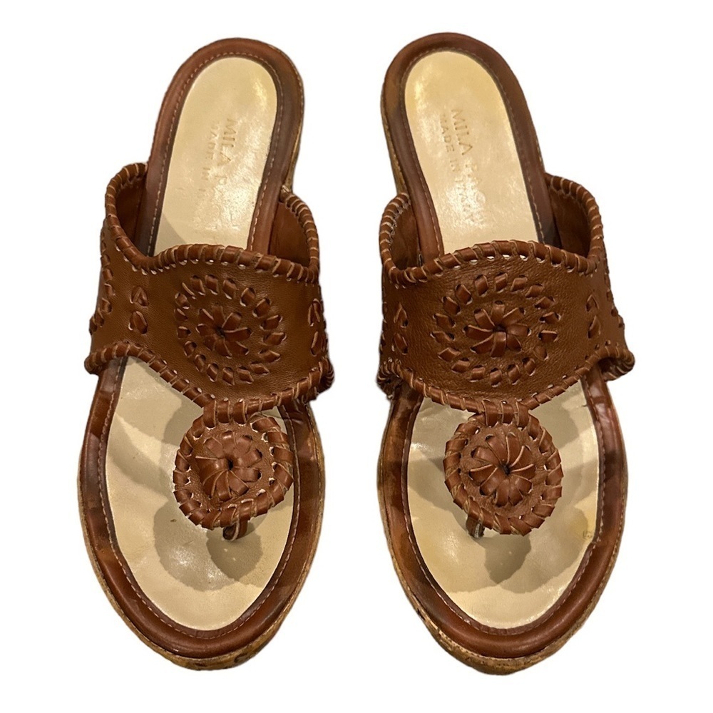 MILA PAOLI LEATHER WEDGE PLATFORM WHIPSTITCH NAVAJO TAN SANDAL SHOES 7.5